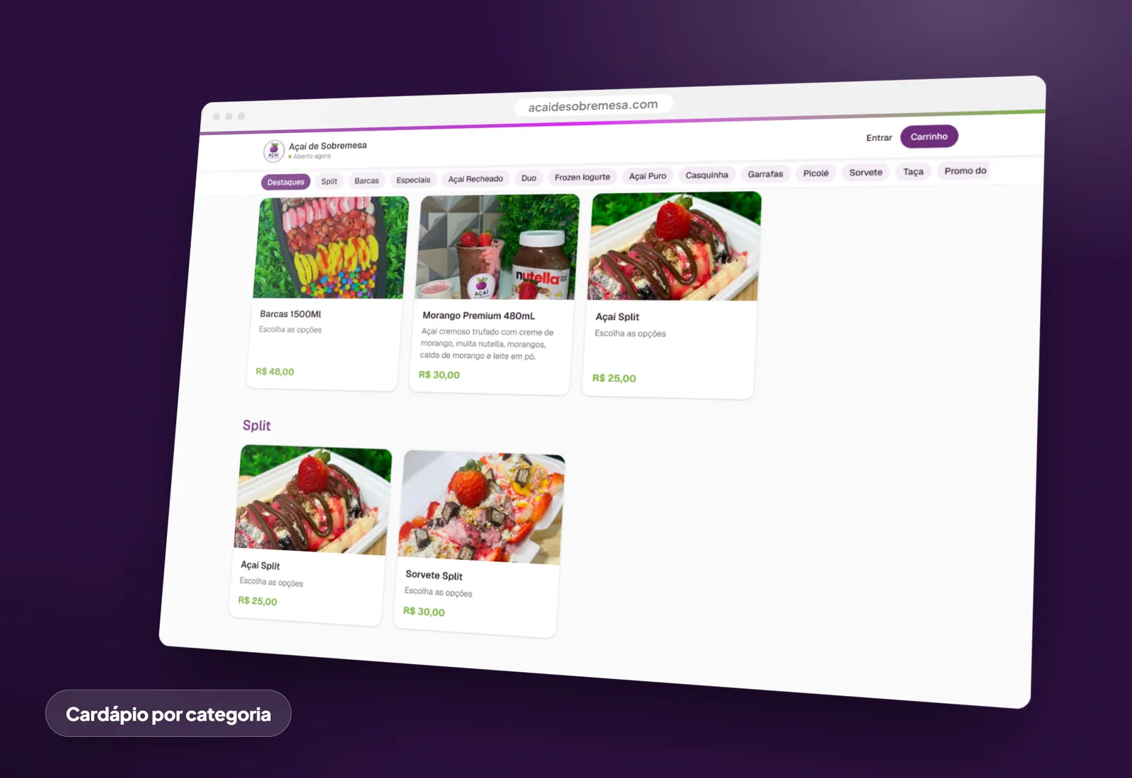 Açaí de Sobremesa: Cardápio por categoria